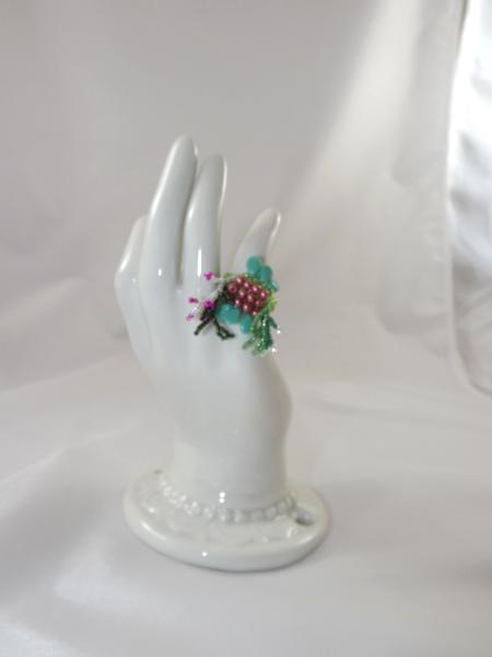 R-1 Green Beaded Ring w/Pink Beads & Turquoise Teardrops