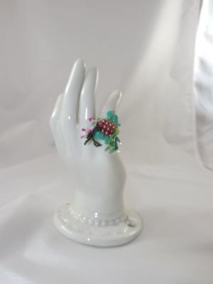 R-1 Green Beaded Ring w/Pink Beads & Turquoise Teardrops R-1 Green Beaded Ring w/Pink Beads & Turquoise Teardrops
